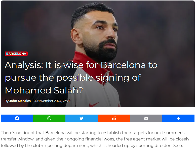 巴萨免签萨拉赫也不合算？西媒：年薪太高+阻碍亚马尔的发展